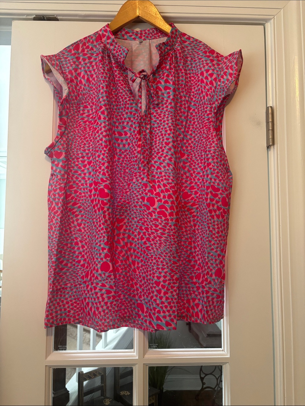 Women’s Pink Patterned Tie-Neck Cap Sleeve Top